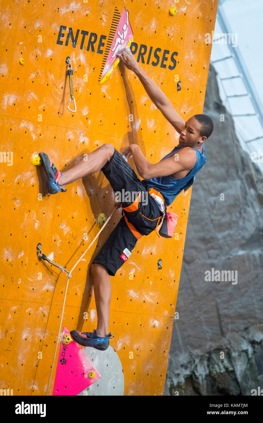 Kai Lightner of the USA climbs in the lead semifinals at the