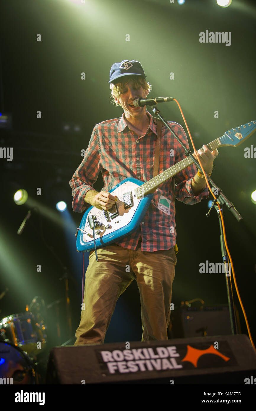 The American indie rock band Deerhunter performs a live concert at the Arena Stage at Roskilde Festival 2014. Here lead singer and musician Bradford Cox is pictured live on stage. Denmark, 06/07 2014. Stock Photo