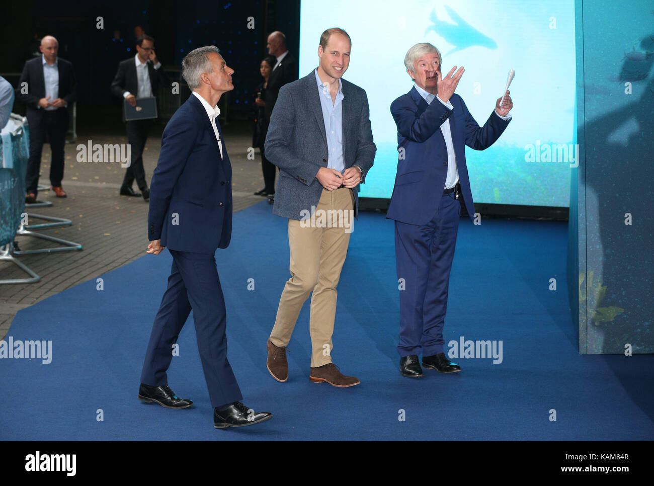 The Duke of Cambridge, with Lord Hall, the Director-General of the BBC (right) and Tim Davie, CEO, BBC Worldwide and Director, Global (left) arrives for the World Premiere screening of the BBC's Blue Planet II at the British Film Institute IMAX cinema, in London. Stock Photo