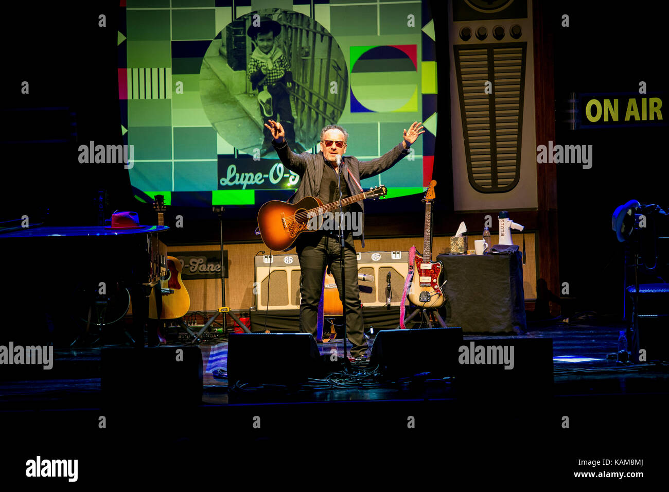 The English singer, songwriter and muscician Elvis Costello performs a