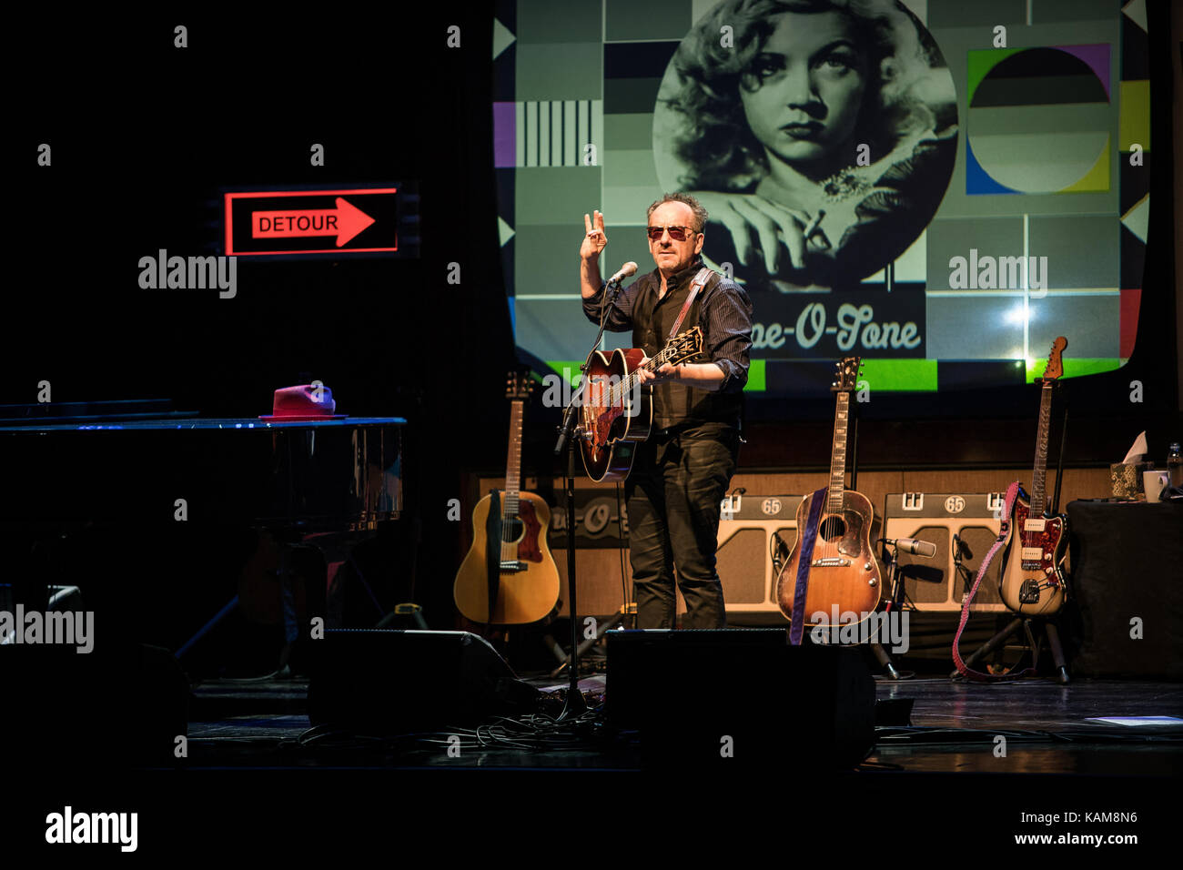 The English singer, songwriter and muscician Elvis Costello performs a