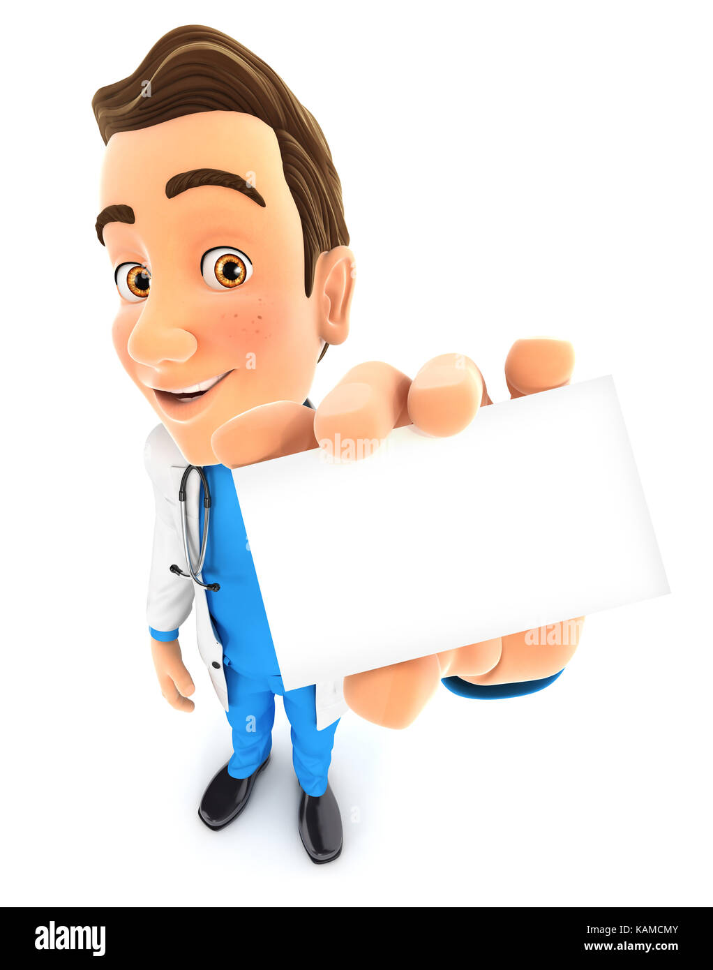 3d doctor holding company card, illustration with isolated white background Stock Photo