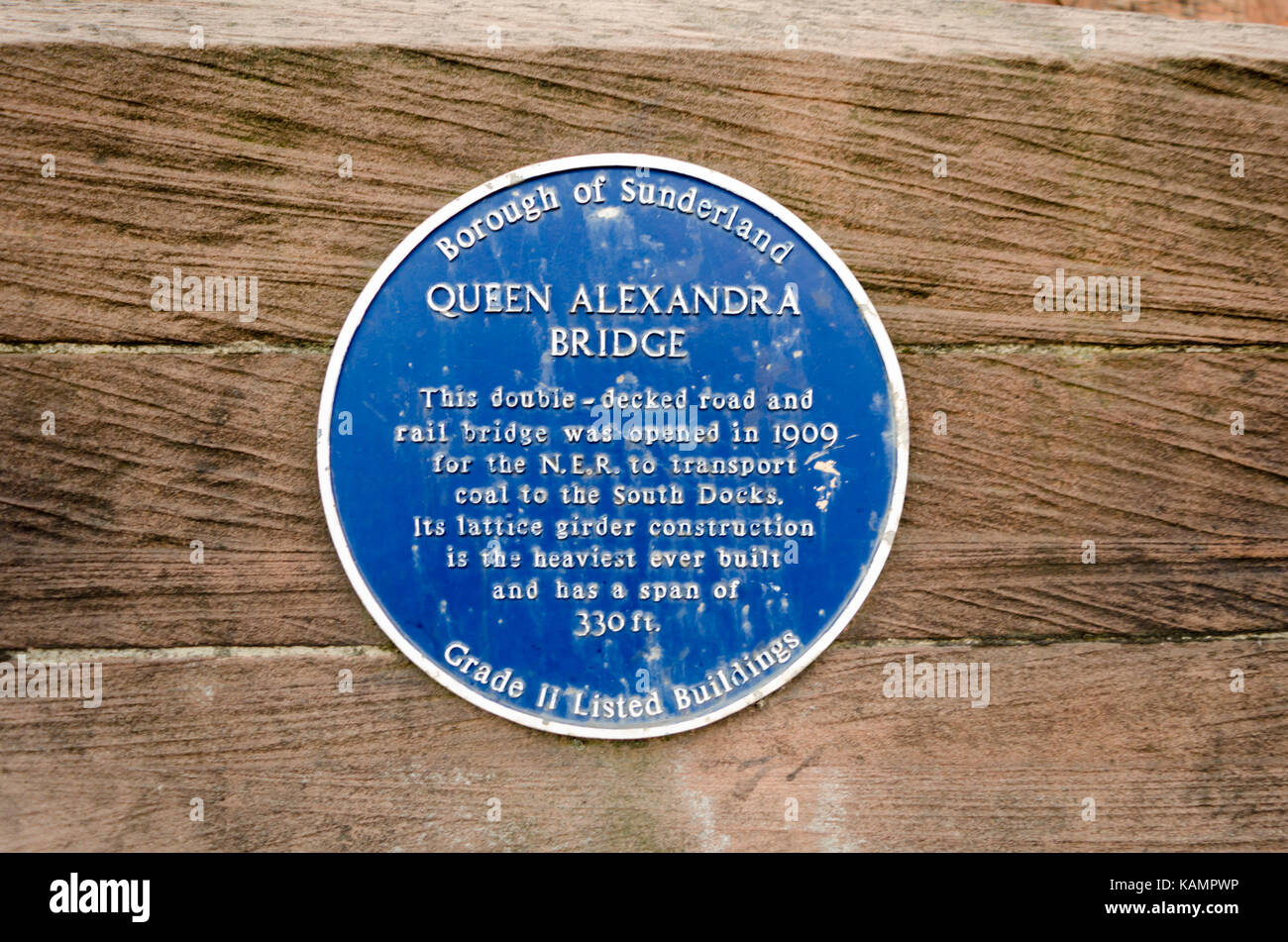 Blue Heritage Plaque, by the Borough of Sunderland, for the Queen Alexandra Bridge, Sunderland Stock Photo