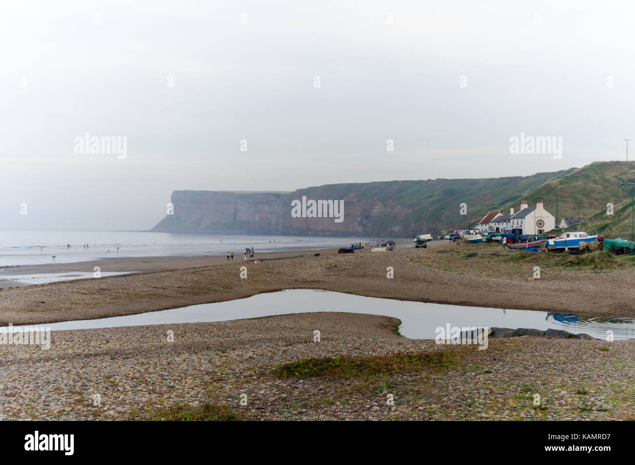 Saltburn-by-the-Sea Beach on a Misty Day looking towards Hunt Cliff Stock Photo