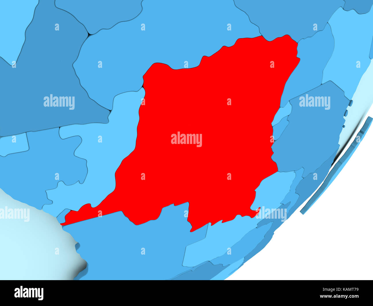 Democratic Republic of Congo in red on blue political globe. 3D ...