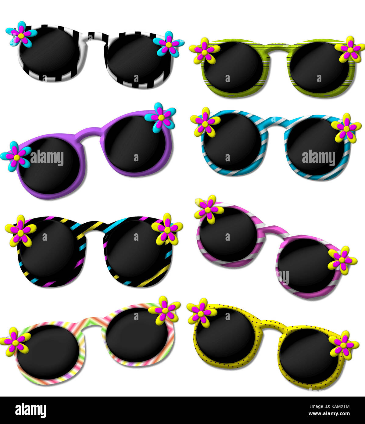 Eight 3D sunglasses are decorated with fun flowers. Graphic sunglasses