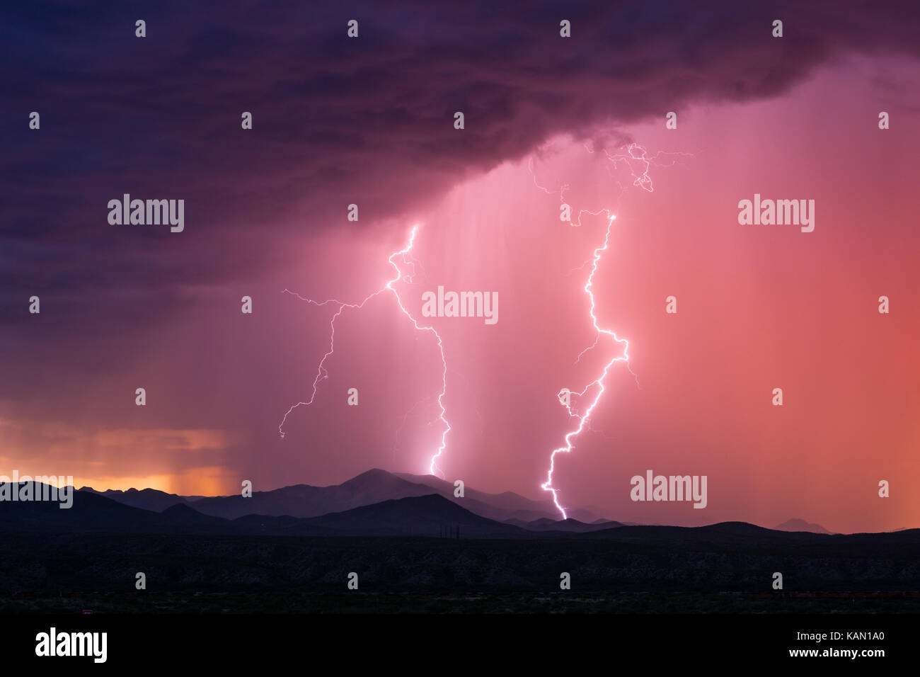 Lightning storm in the desert at sunset near Tucson, Arizona Stock