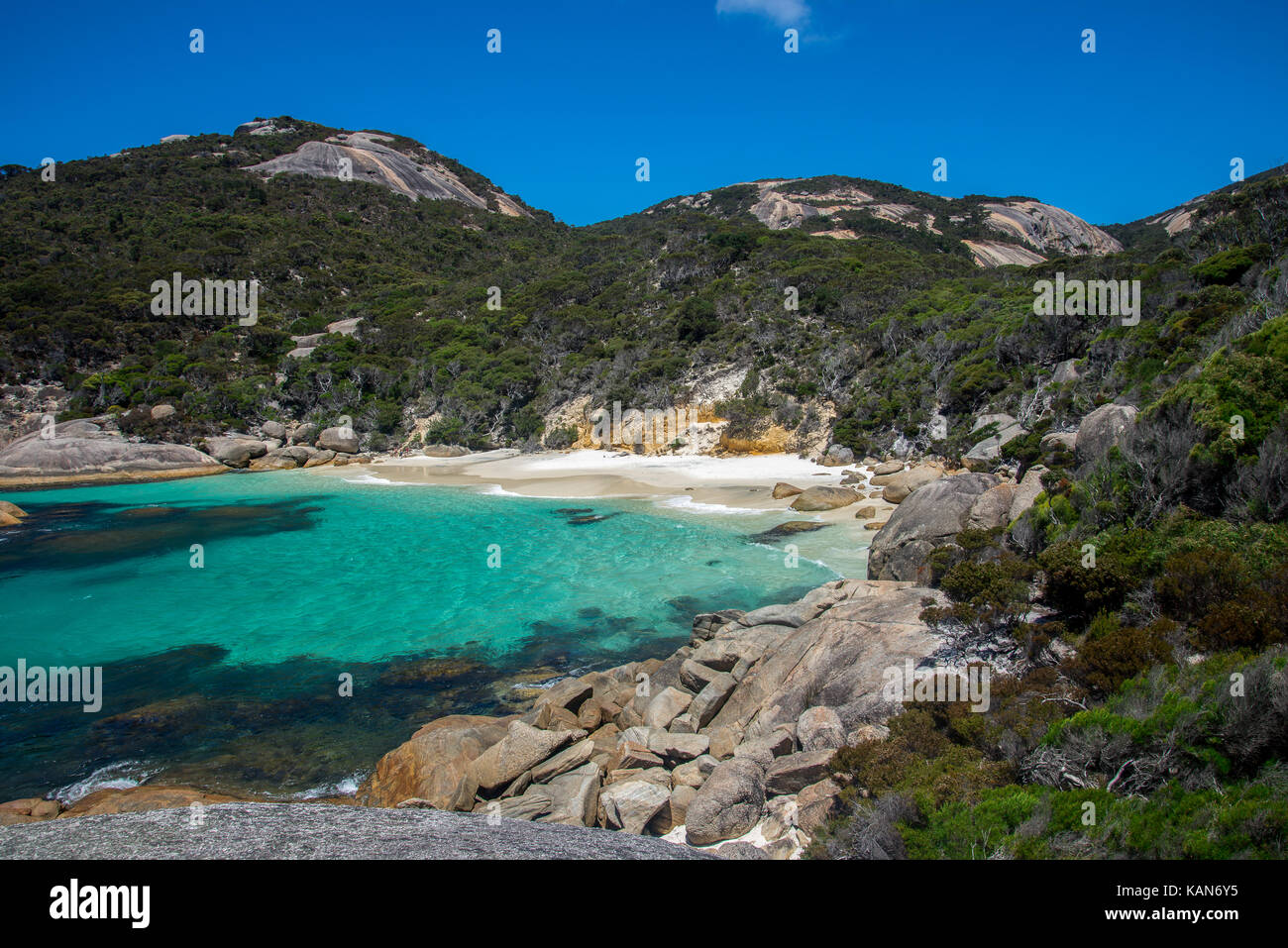 Small hidden bay safe for swimming near Little Beach in Two Peoples Bay Reserve near Albany Stock Photo