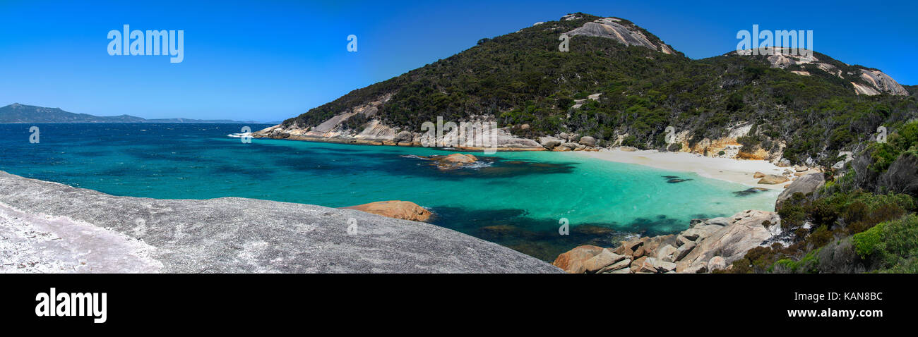 Panorama of a small hidden bay safe for swimming near Little Beach in Two Peoples Bay Reserve near Albany Stock Photo