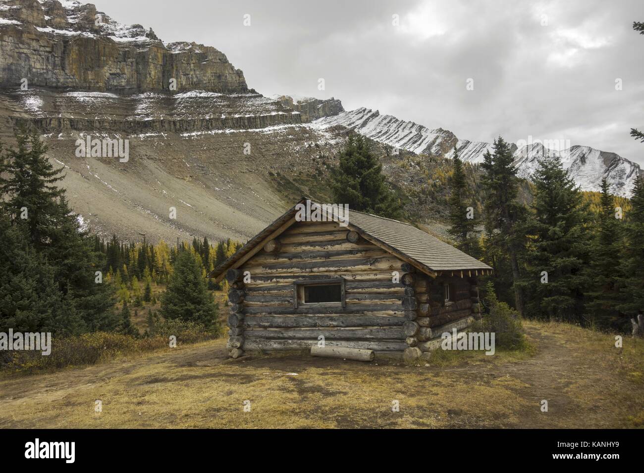 Halfway Hut vintage primitive rustic wooden log cabin exterior in Fall.  Alpine Meadow Clearing Canadian Rocky Mountains Landscape Banff National Park Stock Photo