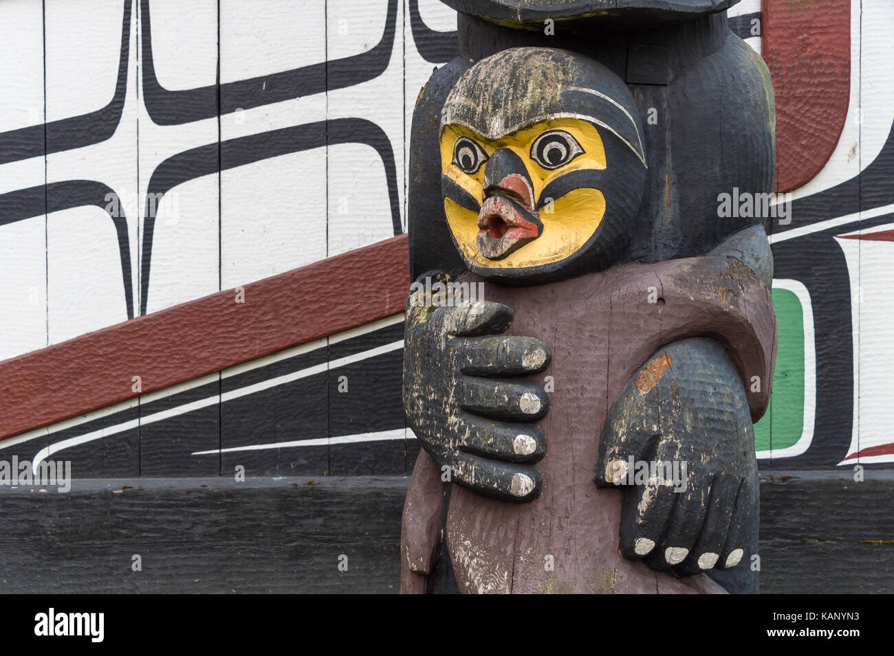 Victoria, BC, Canada - 11 September 2017: Detail of a totem pole located around Mungo Martin House in Thunderbird Park Stock Photo