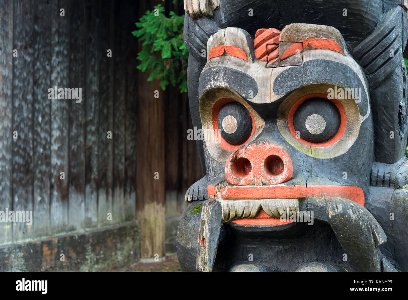 Victoria, BC, Canada - 11 September 2017: Detail of a totem pole located around Mungo Martin House in Thunderbird Park Stock Photo