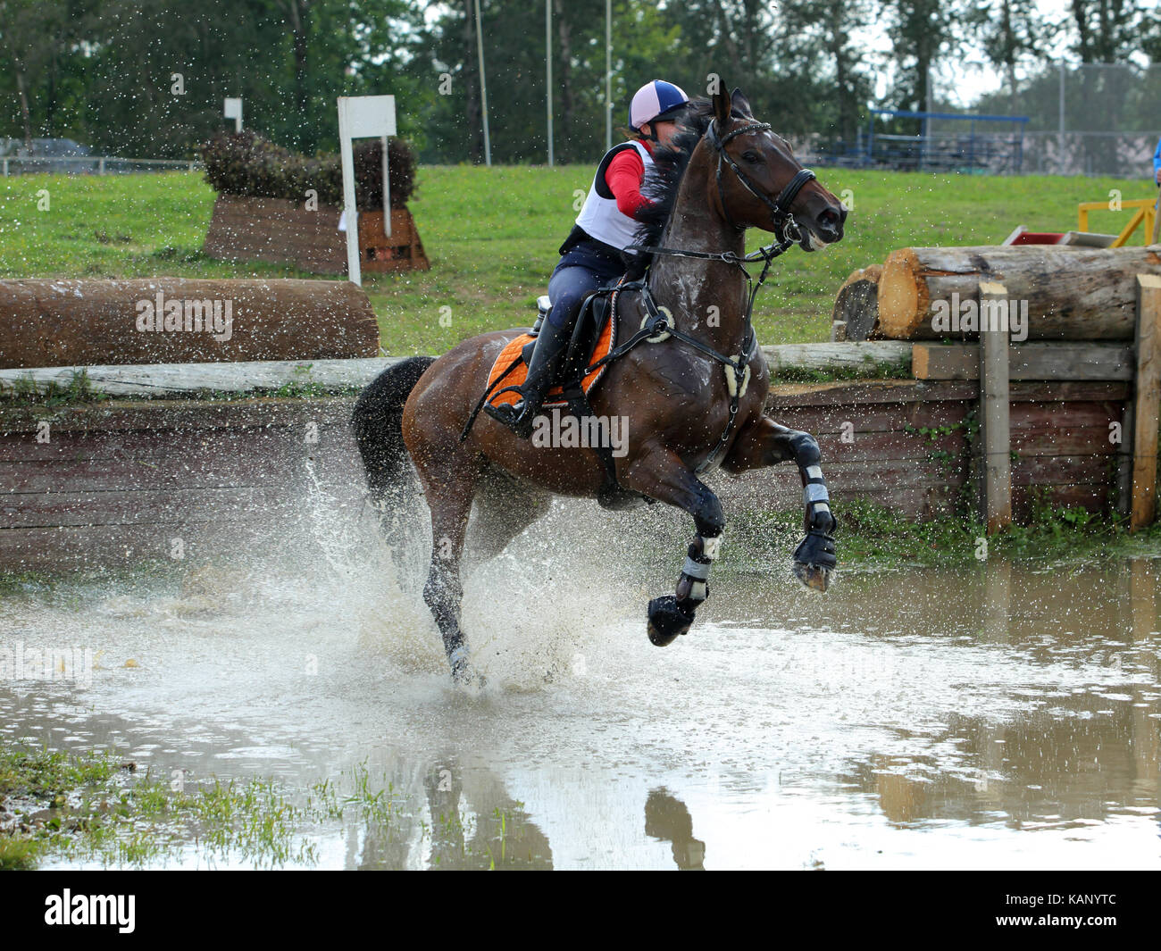 Threedayevent horse and rider race through the water to the next