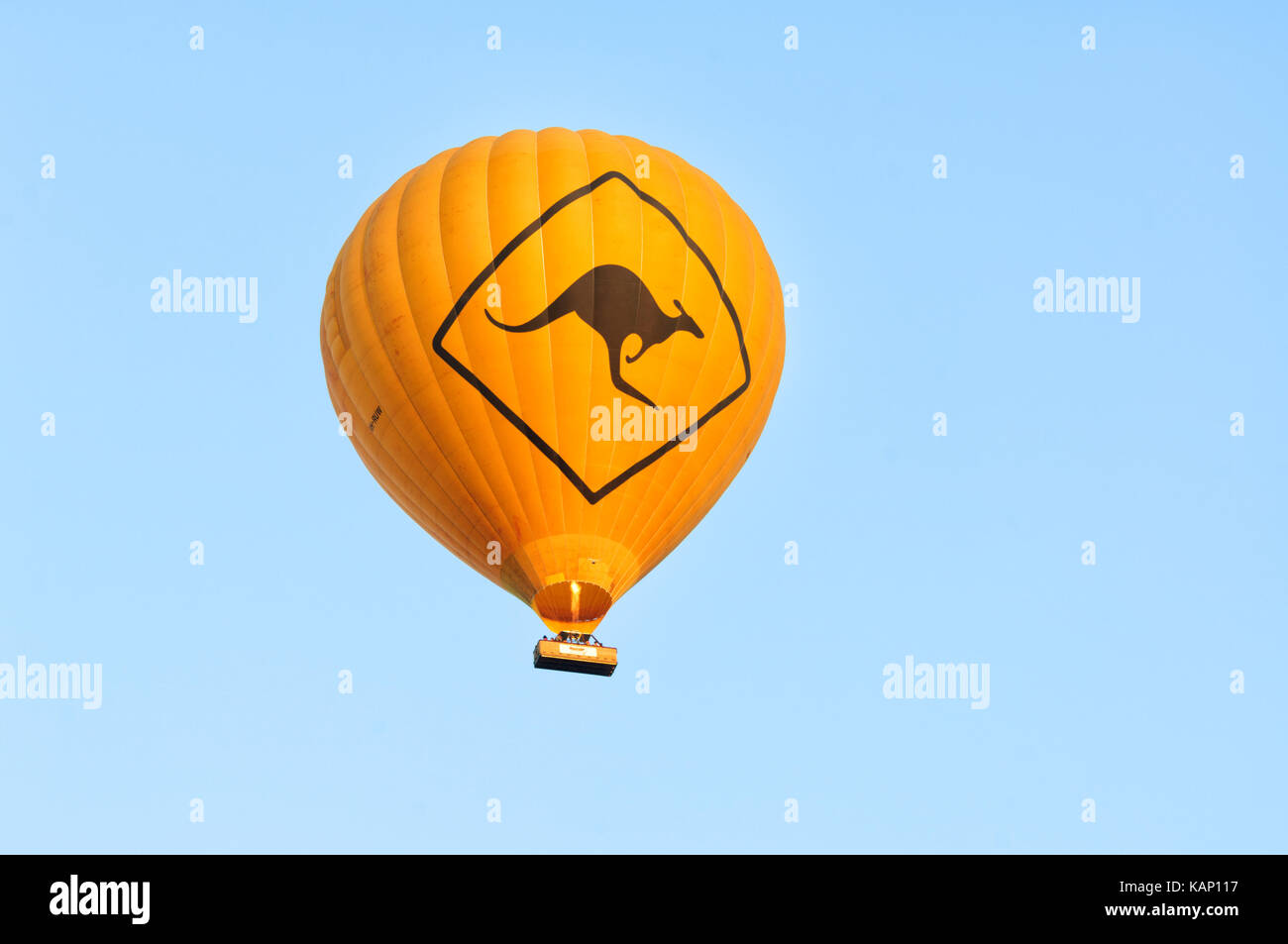 Yellow Hot Air Balloon with a kangaroo design flying in mid-air, Mareeba, Queensland, QLD, Australia Stock Photo