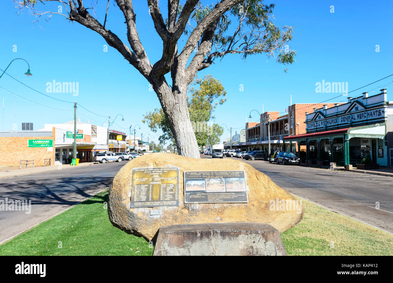 Cairn in memory of a plane crash in the centre of the small rural town of Winton, Queensland, QLD, Australia Stock Photo