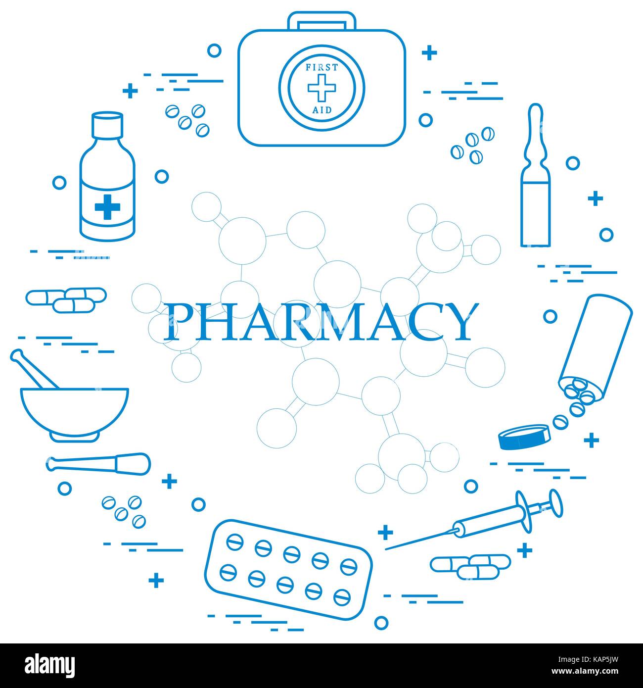 Set of various medical devices and drugs first aid kit arranged in a circle. Health and