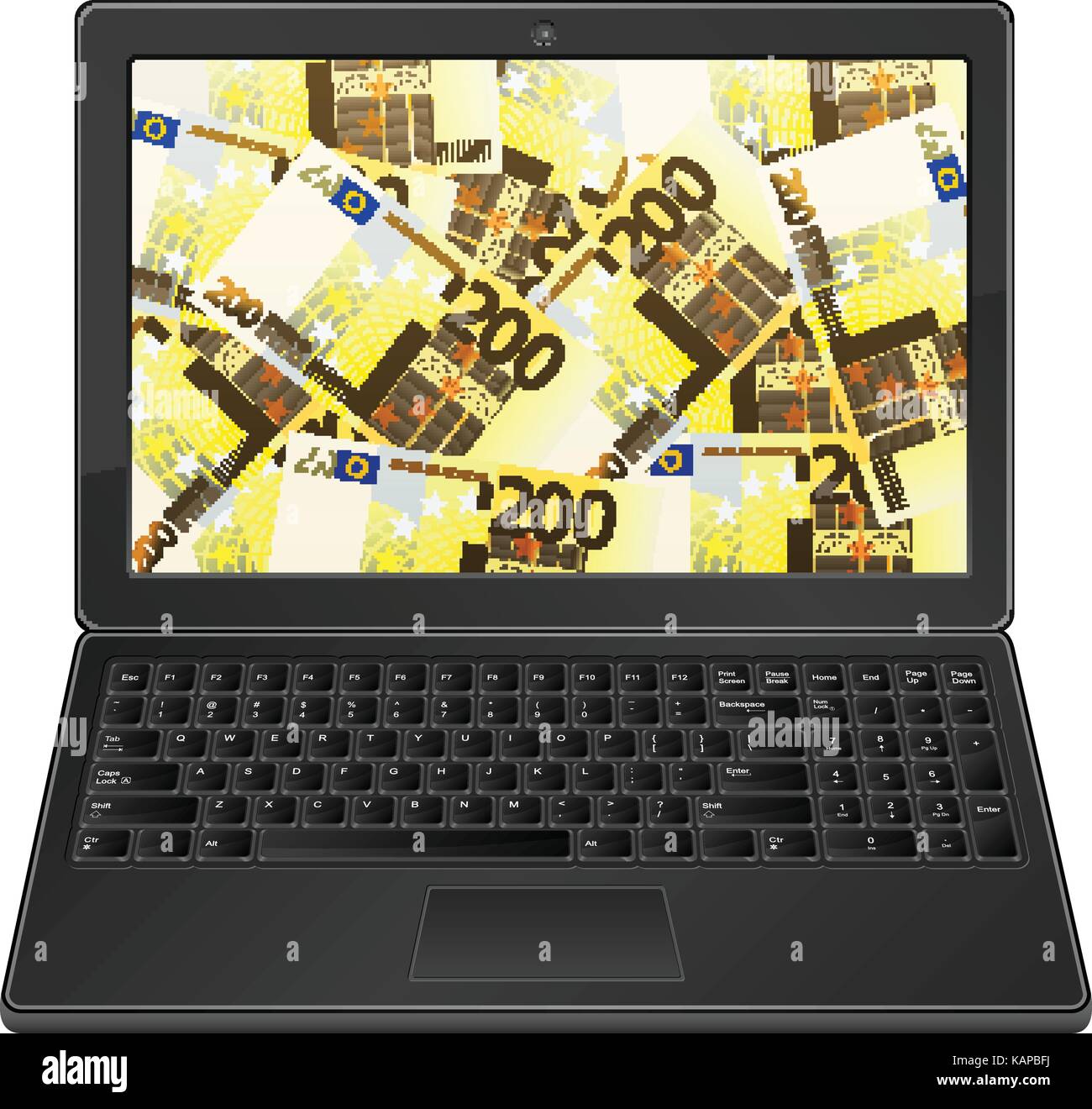 Laptop with two hundred euro banknotes on a white background Stock ...