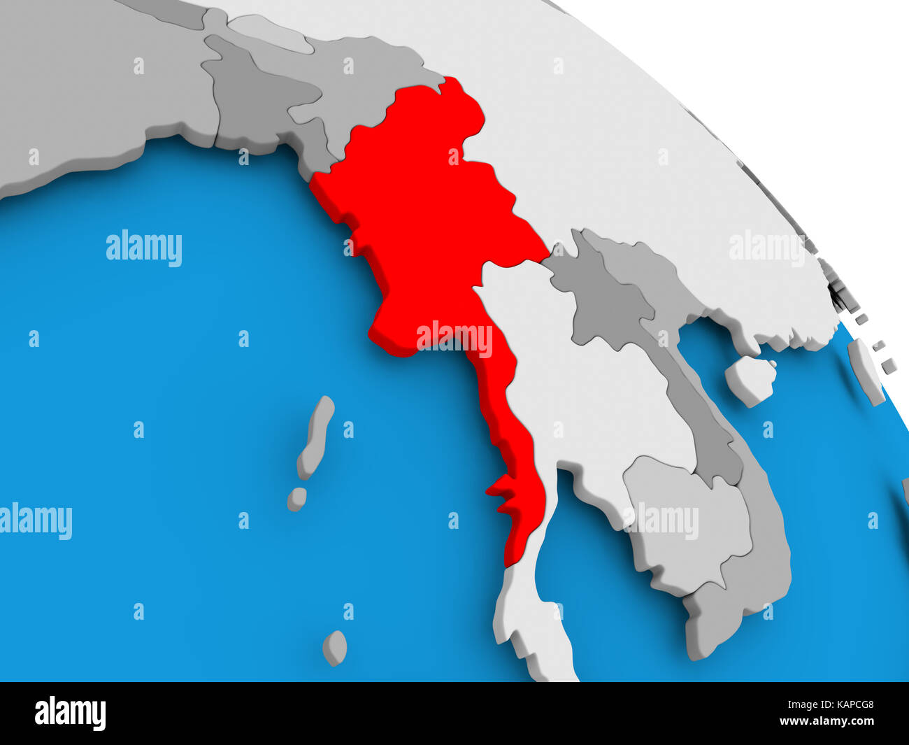 Illustration of Myanmar highlighted in red on globe. 3D illustration ...