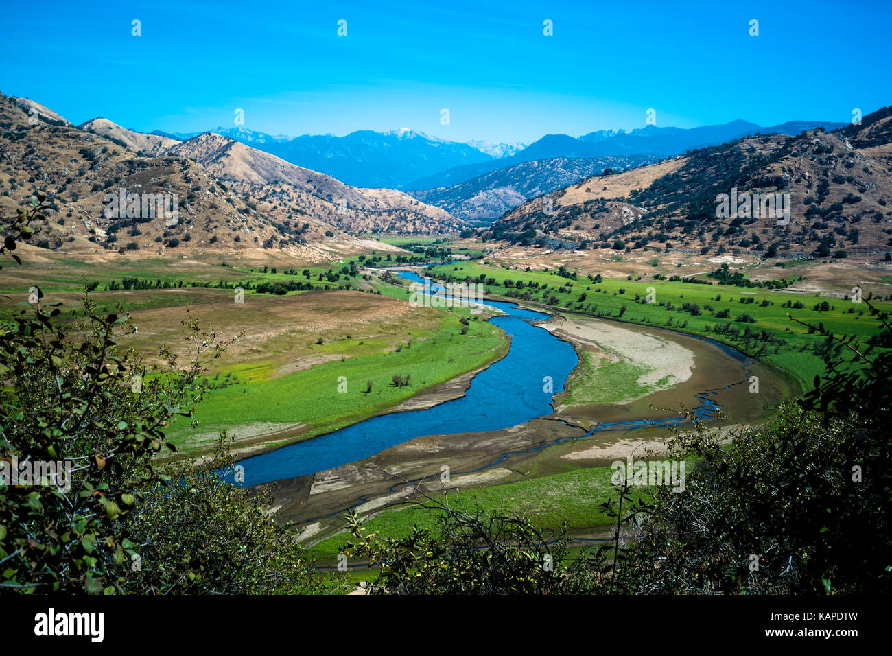 Scenic View of Three Rivers and Sierra Nevada Mountains, located in Three Rivers, California. Stock Photo