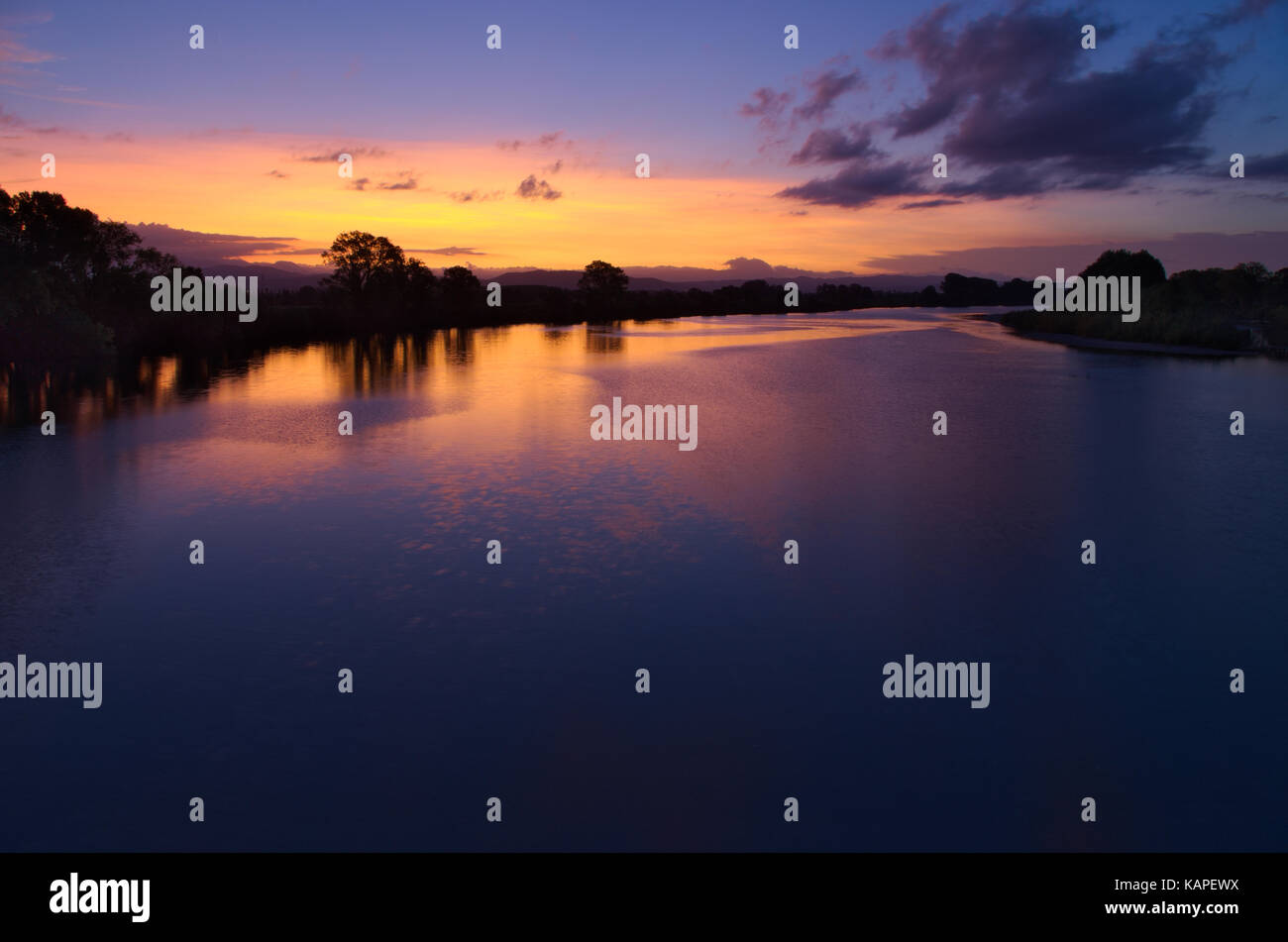 Sunset on the delta of Isonzo (Soca) river, blue hour, Gorizia, Italy Stock Photo