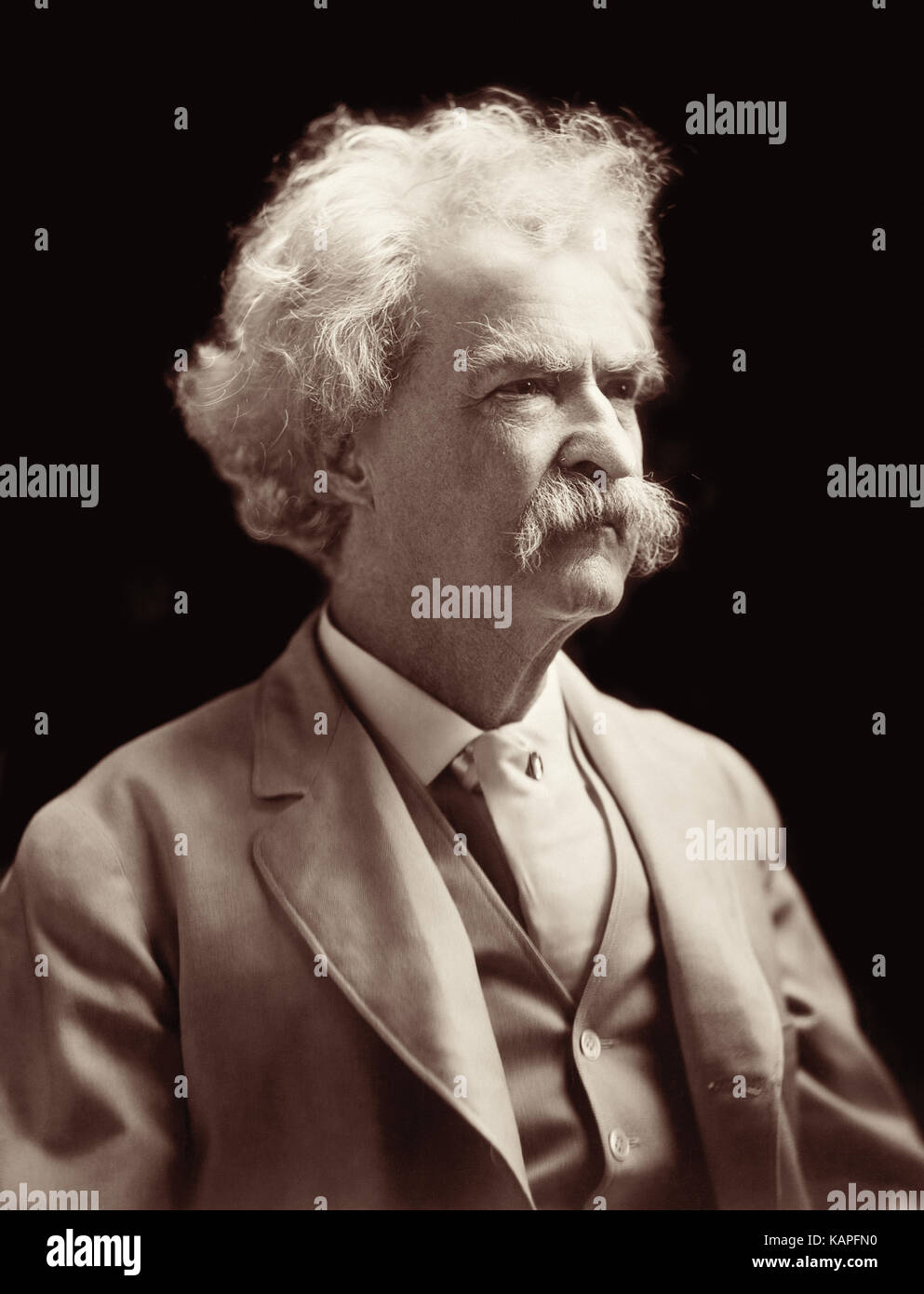 Mark Twain (pen name for humorist and writer Samuel Langhorne Clemens) in a 1909 studio portrait by A.F. Bradley in New York City. Stock Photo