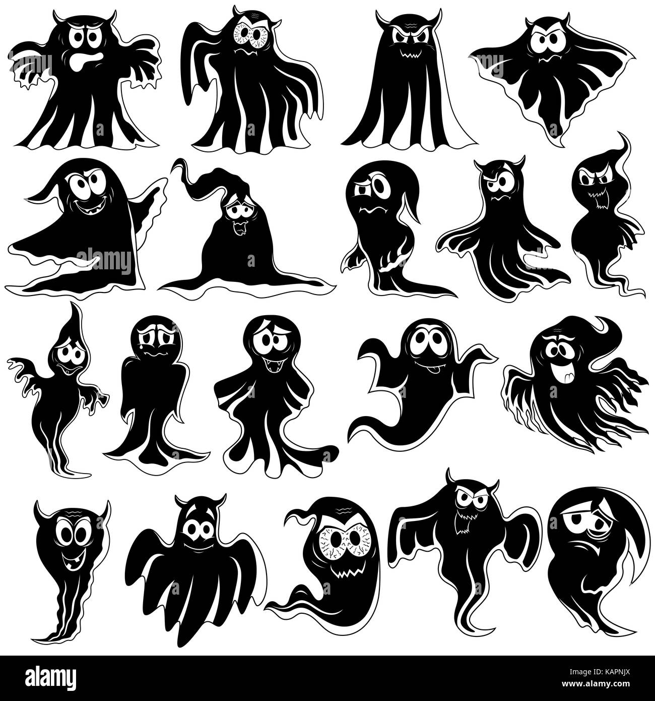 Collection of nineteen amusing flying black Halloween phantom stencils with various characters isolated on a white background, cartoon vector illustra Stock Vector