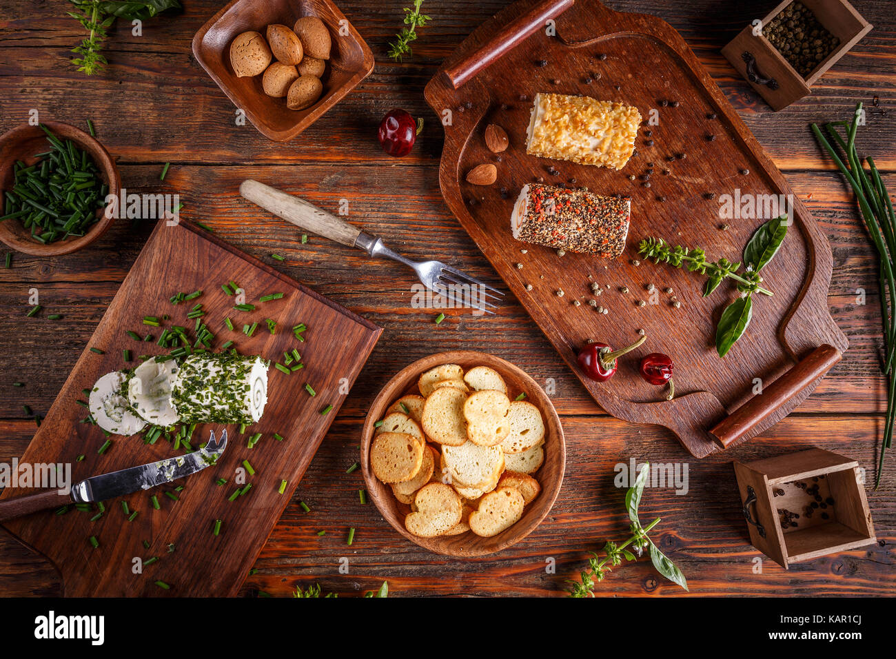 Feta cheese appetizer with spices and herbs Stock Photo