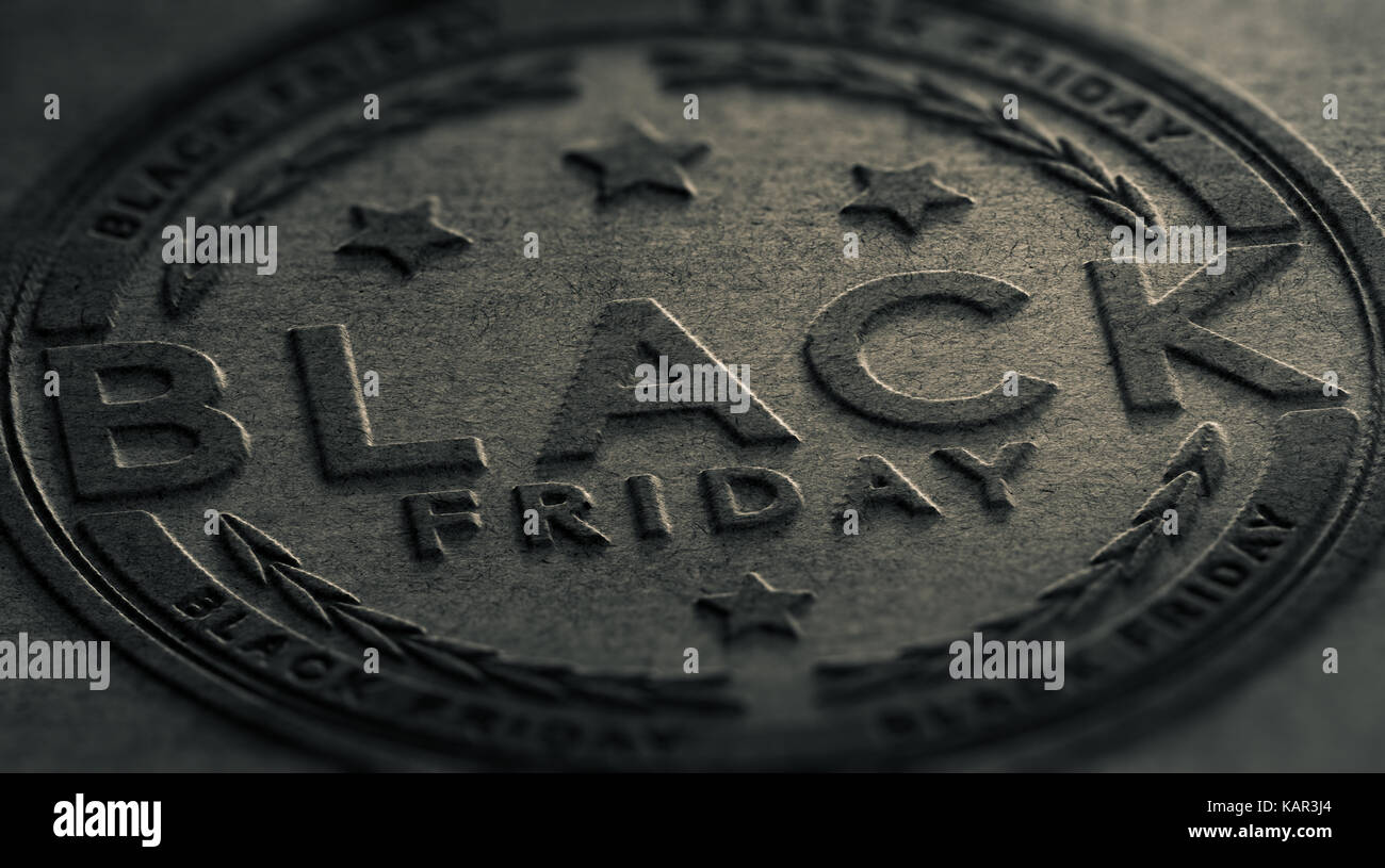 Text Black Friday embossed on a dark grey paper texture. Sales concept. 3D illustration. Stock Photo