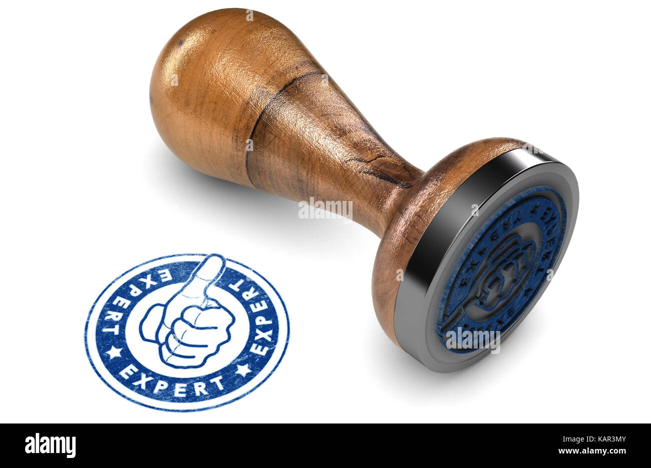 Wooden Rubber Stanp over white background with the text expert printed in blue color. Concept of advice and expertise in business. 3D illustration Stock Photo