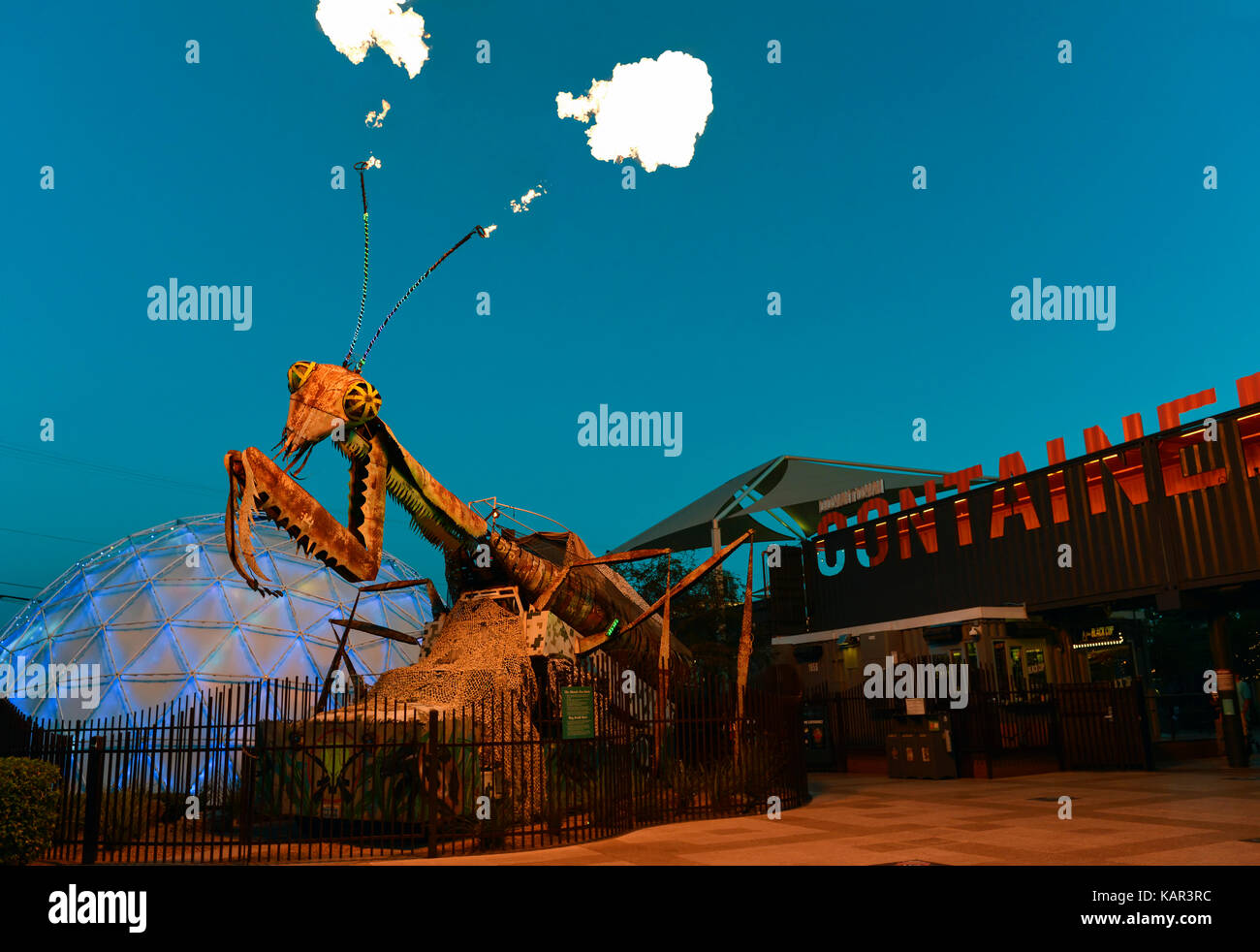 Downtown Las Vegas Container Park Praying Mantis, roadside attraction Stock Photo