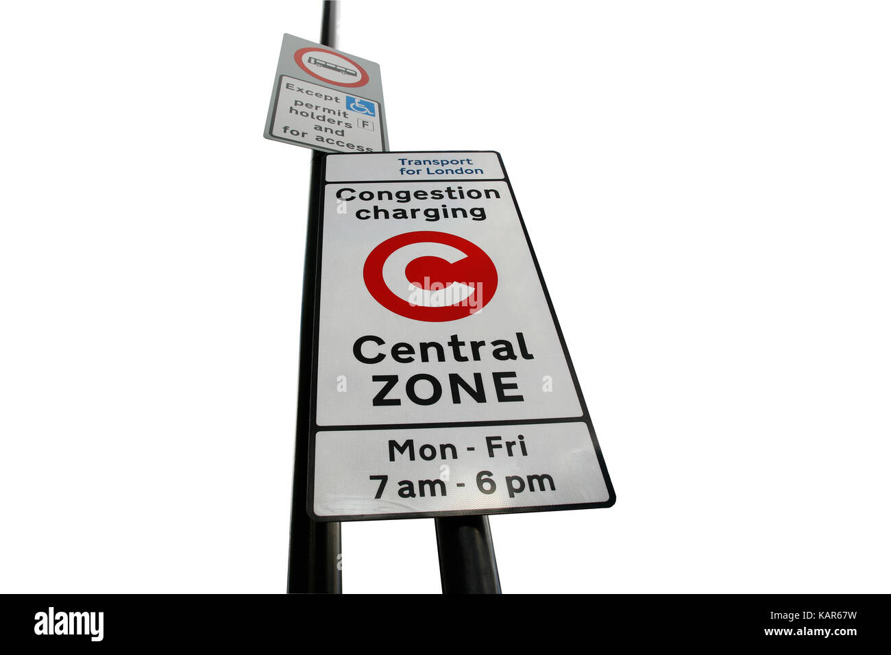 Congestion Charge Zone Sign, introduced 2003 to reduce congestion in central London, The standard charge is £11.50 for each day Monday-Friday only. Stock Photo