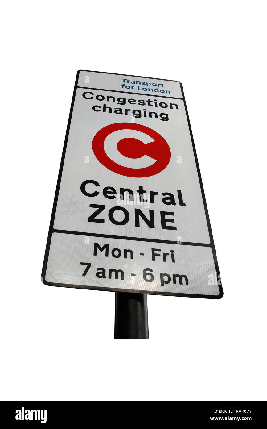 Congestion Charge Zone Sign, introduced 2003 to reduce congestion in central London, The standard charge is £11.50 for each day Monday-Friday only. Stock Photo