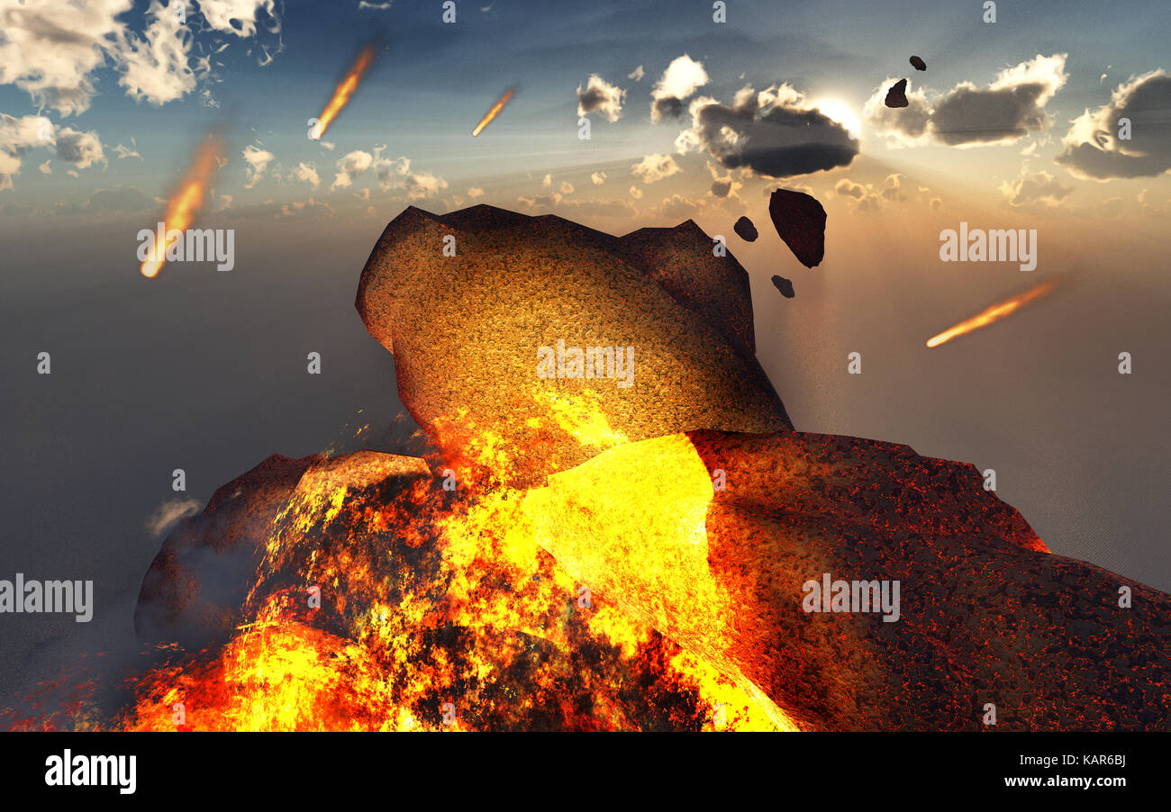 A Giant Asteroid Breaking Up In The Earths Atmosphere , Possibly Causing The Extinction Of The Dinosaurs. Stock Photo