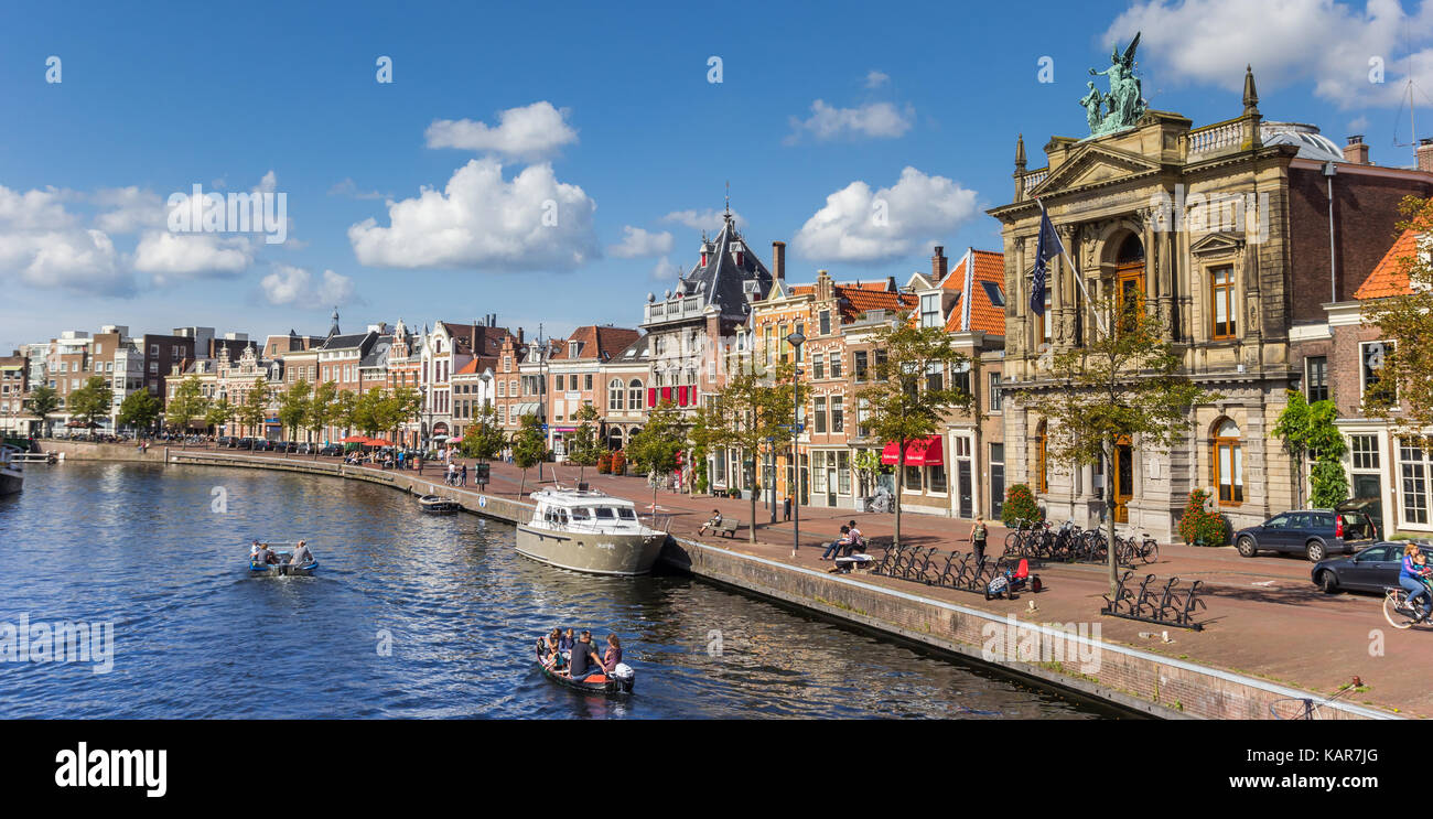 Panorama of the Spaarne canal in the center of Haarlem, Netherlands Stock Photo