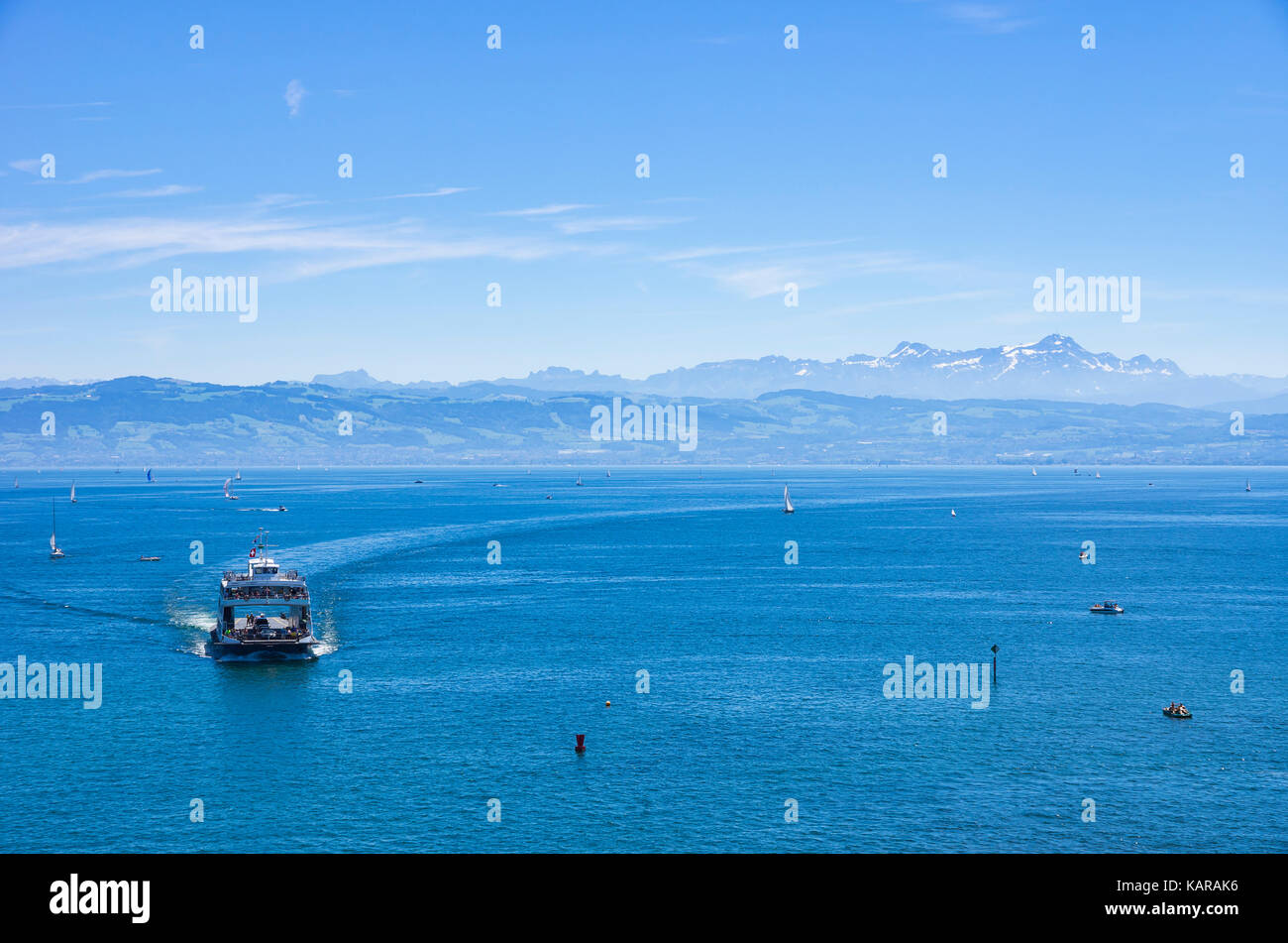 The car ferry ROMANSHORN on Lake Constance approaches the port of Friedrichshafen, Baden-Wurttemberg, Germany. Stock Photo