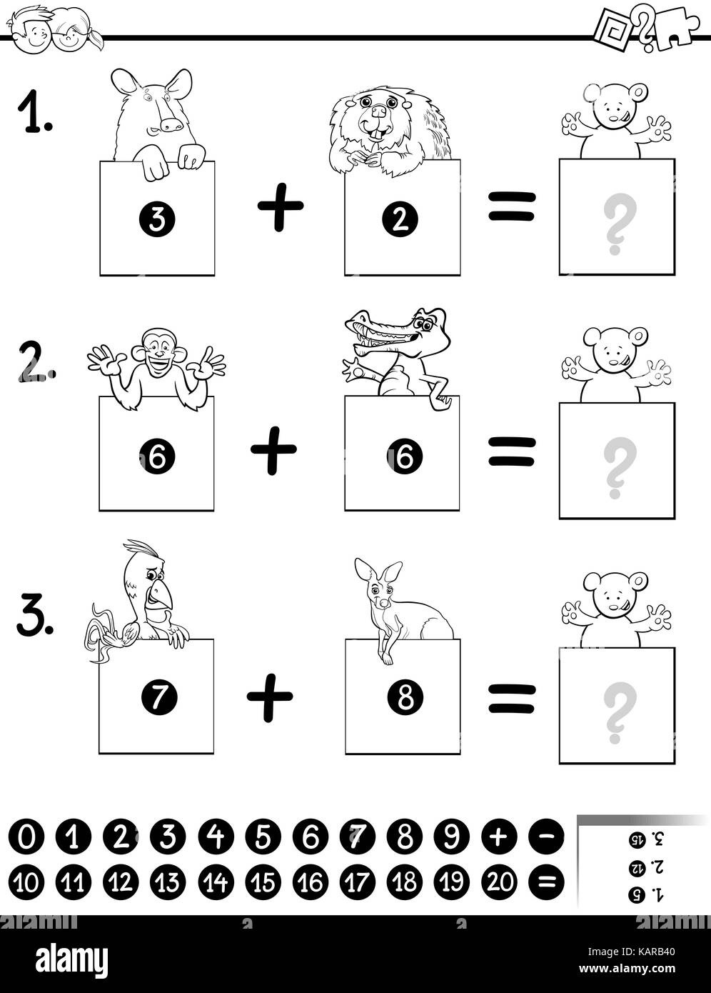 Black and White Cartoon Illustration of Educational Mathematical Addition Activity Game for Children with Wild Animal Characters Coloring Book Stock Vector