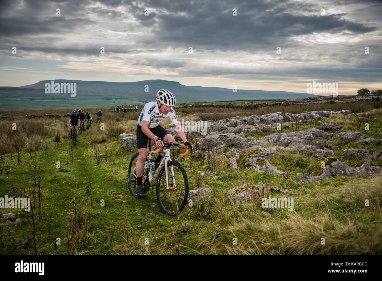 Ian Taylor, veteran world champion, in the 3 Peaks cyclocross, Yorkshire, UK. Stock Photo