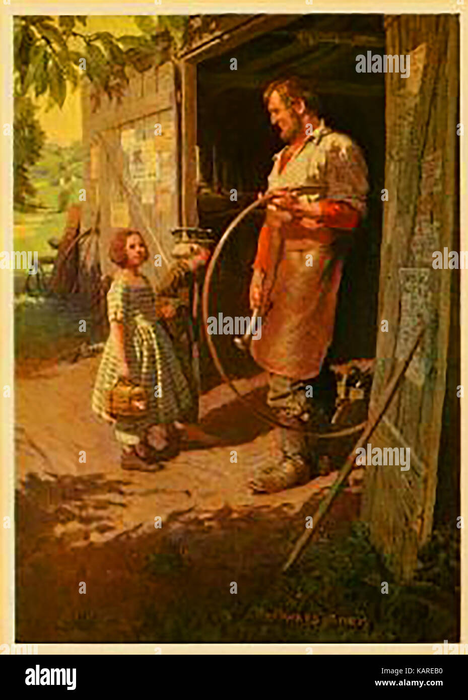 A 1908 colouredillustration of a blacksmith presenting a newly forged metal children's toy hoop to a young girl Stock Photo