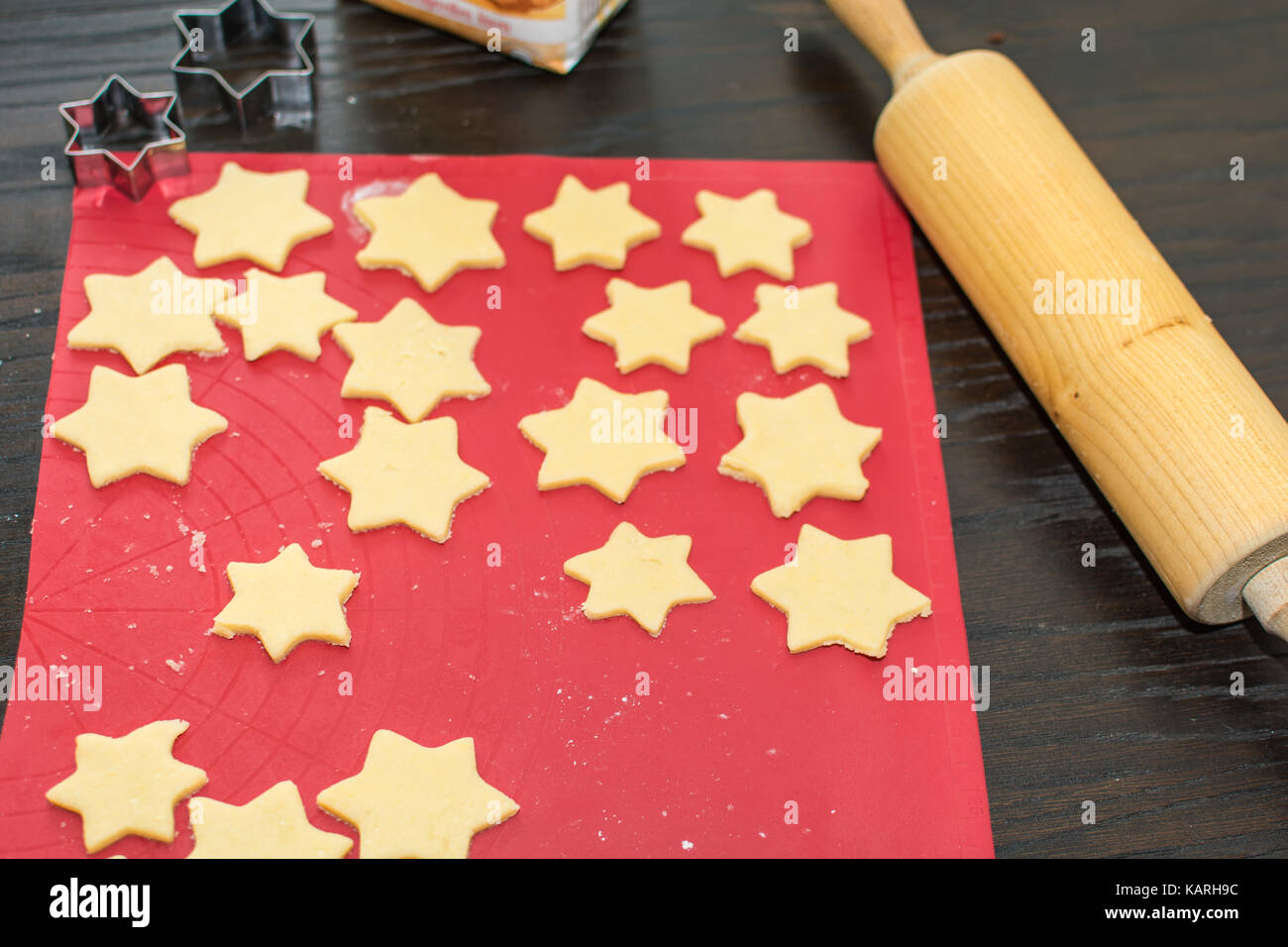 Star cookies bake short crust pastry is rolled out on a baking base