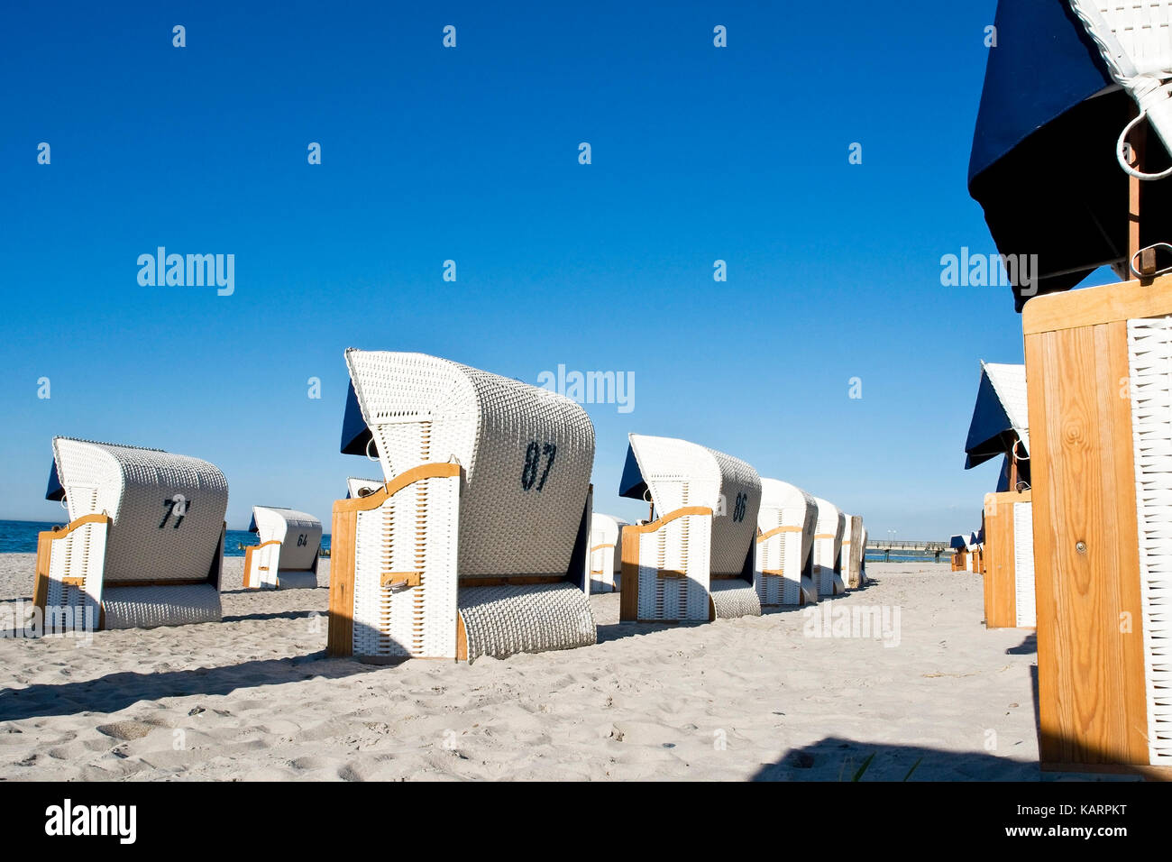 Holy dam, beach baskets on the beach, Heiligendamm, Strandkoerbe am Strand Stock Photo