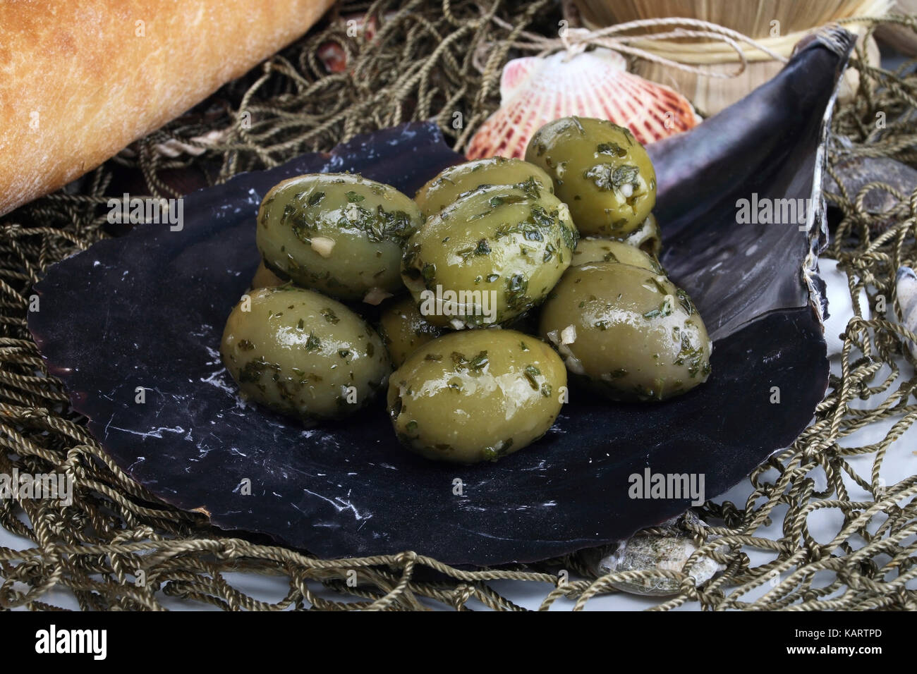 Geesthacht, olives in a mussel, Oliven in einer Muschel Stock Photo