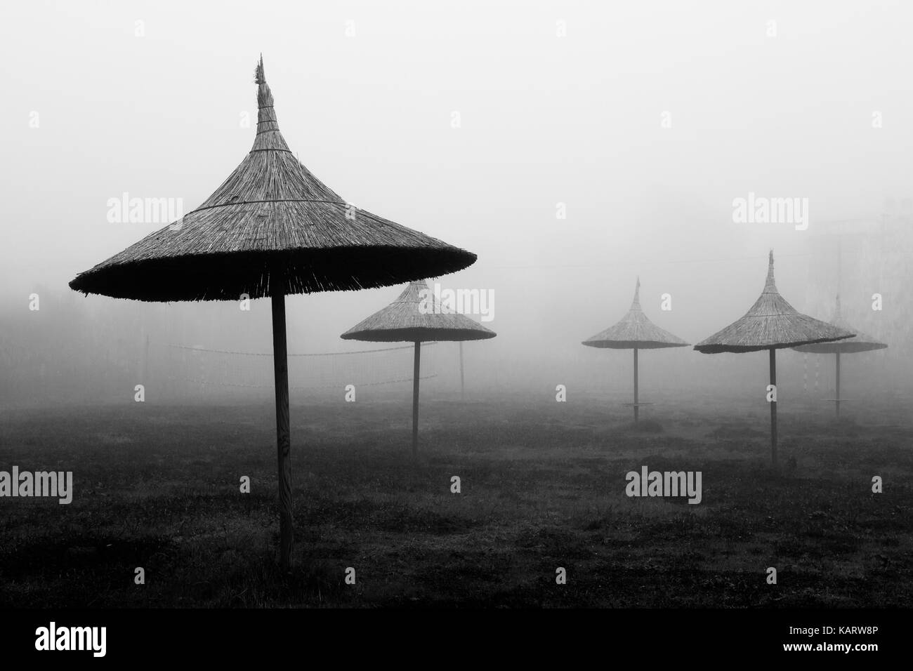 A beach in winter, with umbrella made of canes in the middle of fog and mist Stock Photo