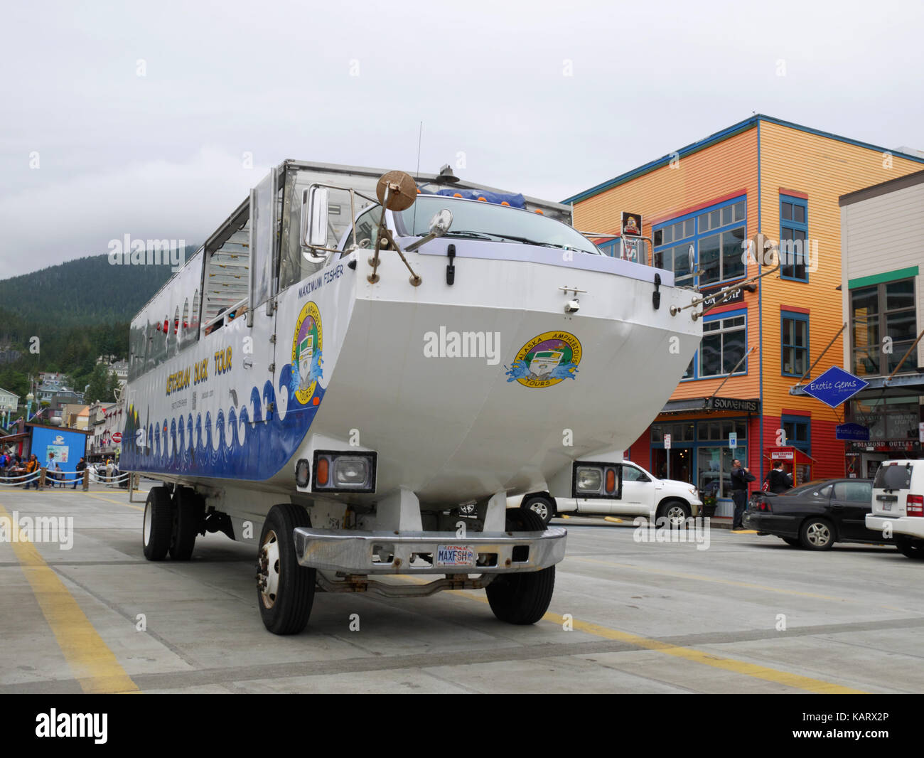 An amphibious Duck Tour 'bus waits at the cruise terminal at Ketchikan, Alaska, USA. Stock Photo