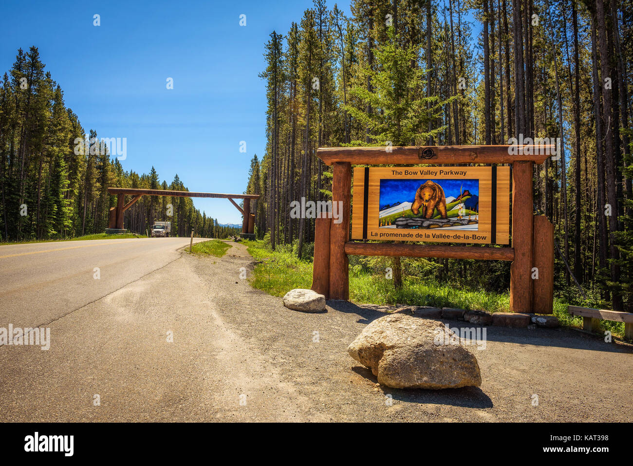 Entrance Sign on the Bow Valley Parkway in Banff National Park Stock Photo