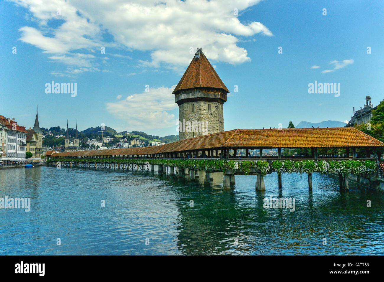 The Chapel Bridge, and Lake Luzern, Luzern, Switzerland Stock Photo