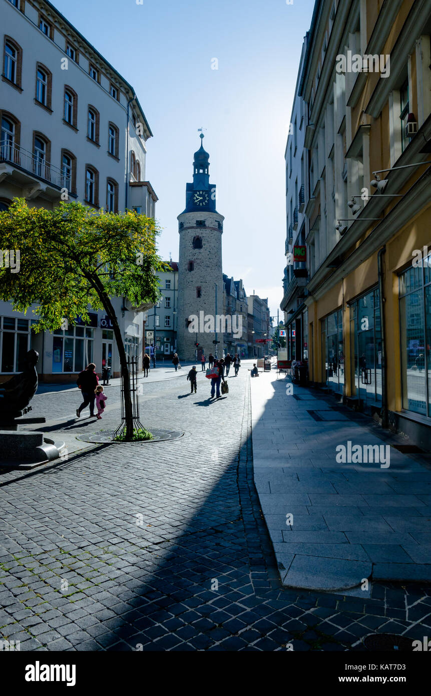 Halle Saale, Leipzig Tower at Hansering street near market. Morning shot. Stock Photo