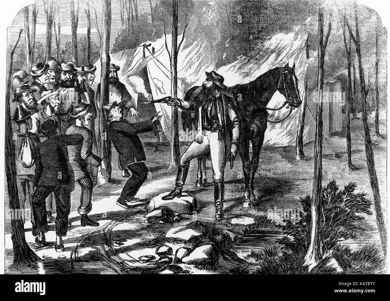 DANIEL MORGAN (1830-1865) Australian bushranger. Wood engraving by Samuel Calvert from the Melbourne Illustrated Post, 28 January 1865, entitled 'Morgan Sticking-up the Navvies, Burning their tents and Shooting the Chinaman Stock Photo