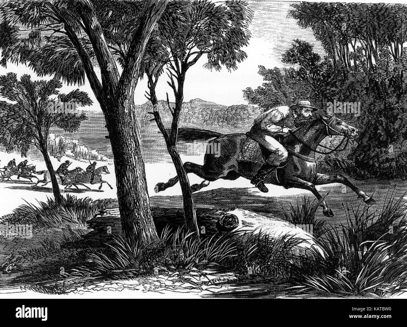 DANIEL MORGAN (1830-1865) Australian bushranger. Wood engraving by Nicholas Chevalier from the Illustrated Australian News, 25 October 1864, entitled 'A chase after Morgan' Stock Photo