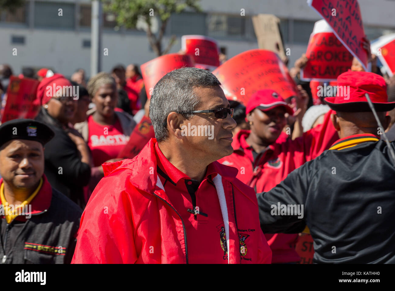 Cape Town, South Africa. 27th Sep, 2017. Cosatu (Confederation of South African Trade Unions) hold a National Strike and march against state capture and corruption to Parliament. The Trade Union Confederation together with its alliance partner the South African Communist Party marched to Parliament and various other institutions in Cape Town. Credit: Mo Bassa/Alamy Live News Stock Photo