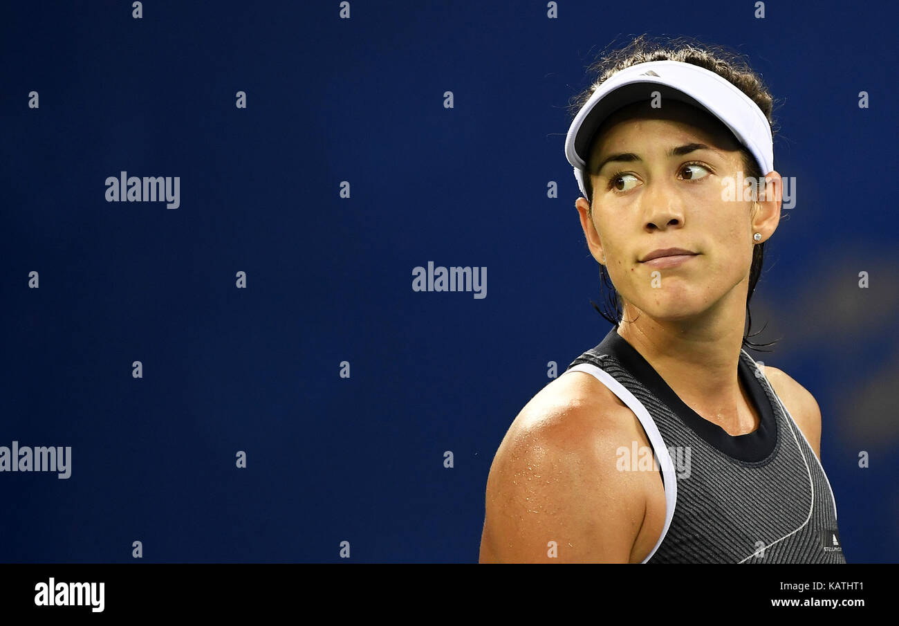 Wuhan, China. 27th Sep, 2017. Garbine Muguruza of Spain looks on during